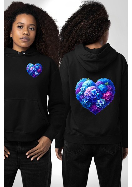 Ortanca Çiçeği Tasarımı Siyah Kapüşonlu Sweatshirt Kadın Erkek Ön Minimal Sırt Baskılı fırsatları