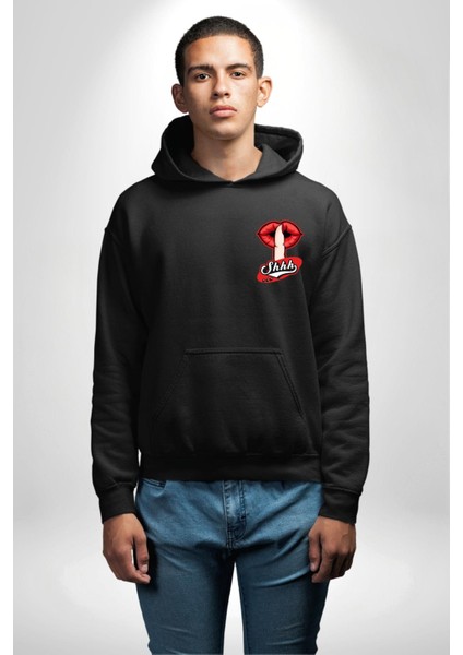 Kırmızı Dudak Gizli Sırlar Sadece Sessizlik Siyah Kapüşonlu Sweatshirt Kadın Erkek Ön Minimal Sırt Baskılı modelleri