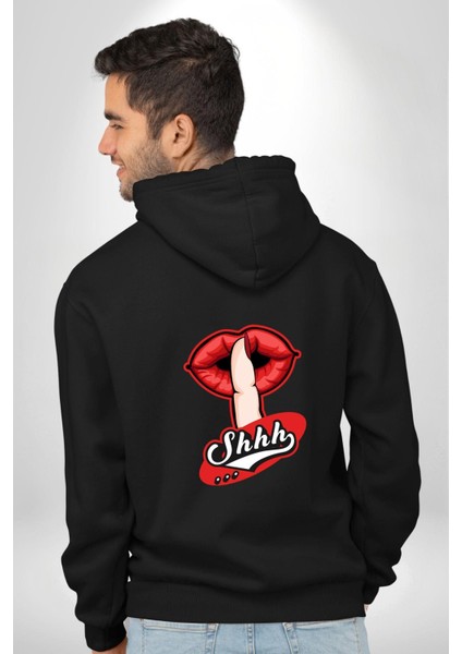 Kırmızı Dudak Gizli Sırlar Sadece Sessizlik Siyah Kapüşonlu Sweatshirt Kadın Erkek Ön Minimal Sırt Baskılı indirimleri