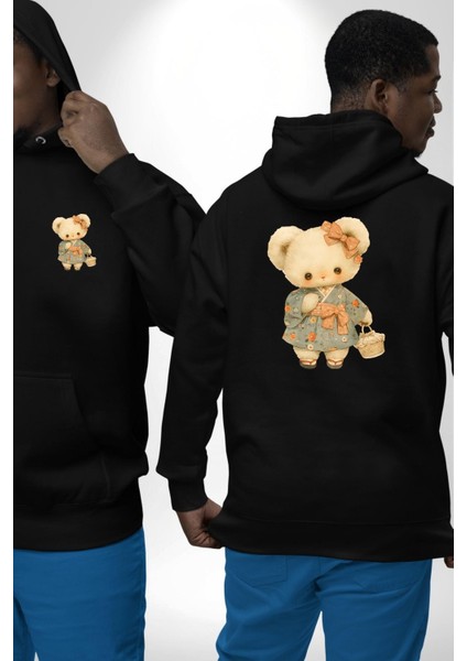 Sevimli Çiçek Desenli Ayıcık Siyah Kapüşonlu Sweatshirt Kadın Erkek Ön Minimal Sırt Baskılı