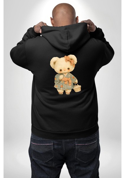 Sevimli Çiçek Desenli Ayıcık Siyah Kapüşonlu Sweatshirt Kadın Erkek Ön Minimal Sırt Baskılı modelleri