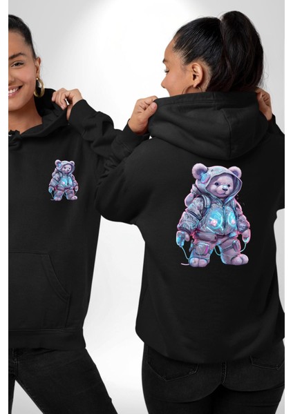Digital Dreamer Teddy Bear Futuristic Siyah Kapüşonlu Sweatshirt Kadın Erkek Ön Minimal Sırt Baskılı