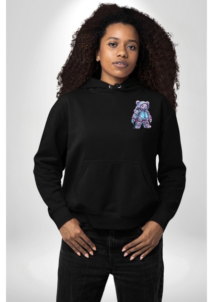 Digital Dreamer Teddy Bear Futuristic Siyah Kapüşonlu Sweatshirt Kadın Erkek Ön Minimal Sırt Baskılı fiyatları