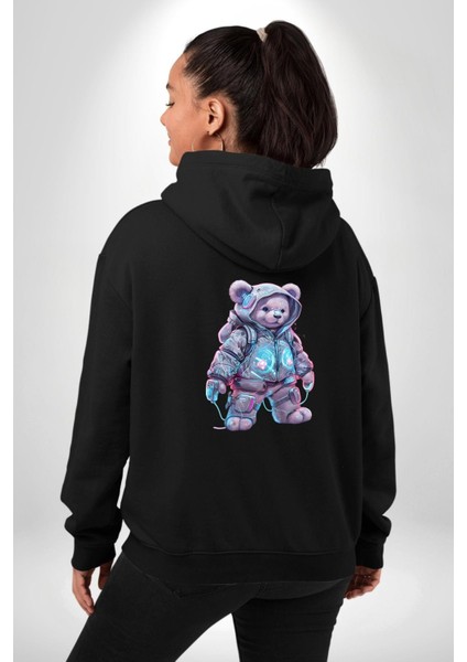 Digital Dreamer Teddy Bear Futuristic Siyah Kapüşonlu Sweatshirt Kadın Erkek Ön Minimal Sırt Baskılı modelleri