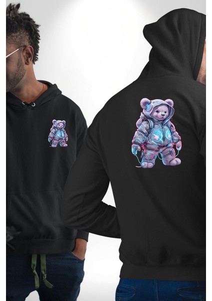 Digital Dreamer Teddy Bear Futuristic Siyah Kapüşonlu Sweatshirt Kadın Erkek Ön Minimal Sırt Baskılı fırsatları