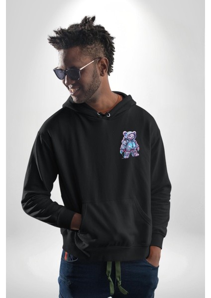 Digital Dreamer Teddy Bear Futuristic Siyah Kapüşonlu Sweatshirt Kadın Erkek Ön Minimal Sırt Baskılı indirimleri