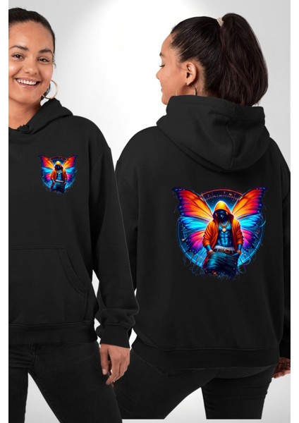 Kelebek Kanatlı Modern Genç Tasarımı Siyah Kapüşonlu Sweatshirt Kadın Erkek Ön Minimal Sırt Baskılı