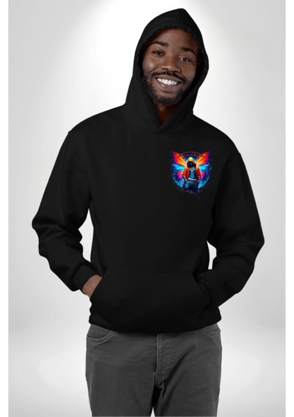 Kelebek Kanatlı Modern Genç Tasarımı Siyah Kapüşonlu Sweatshirt Kadın Erkek Ön Minimal Sırt Baskılı fiyatları