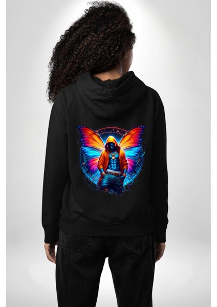 Kelebek Kanatlı Modern Genç Tasarımı Siyah Kapüşonlu Sweatshirt Kadın Erkek Ön Minimal Sırt Baskılı modelleri