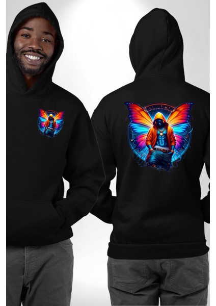 Kelebek Kanatlı Modern Genç Tasarımı Siyah Kapüşonlu Sweatshirt Kadın Erkek Ön Minimal Sırt Baskılı fırsatları