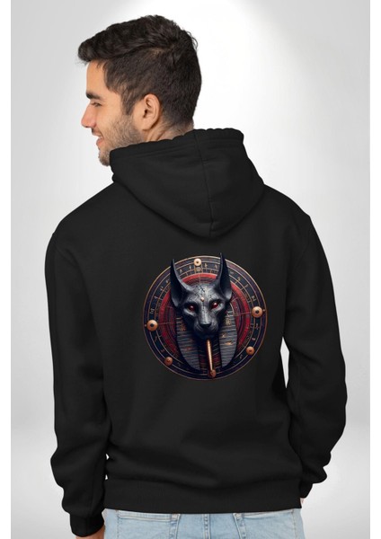 Set Fırtına ve Çöl Tanrısı Mısır Siyah Kapüşonlu Sweatshirt Kadın Erkek Ön Minimal Sırt Baskılı modelleri