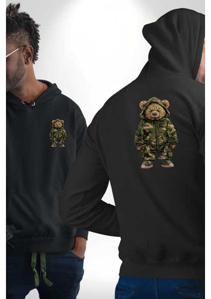 Kamuflaj Desenli Ayıcık Hoodie & Pantolon Takım Siyah Kapüşonlu Sweatshirt Kadın Erkek Ön Minimal Sırt Baskılı