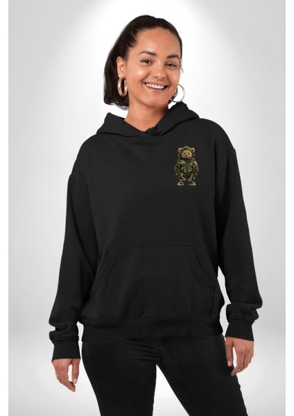 Kamuflaj Desenli Ayıcık Hoodie & Pantolon Takım Siyah Kapüşonlu Sweatshirt Kadın Erkek Ön Minimal Sırt Baskılı indirimleri