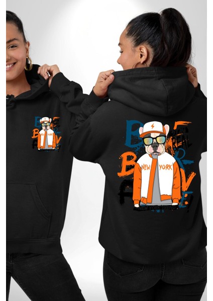 Turuncu Siyah Spor Ceketli Fransız Bulldog Köpek Siyah Kapüşonlu Sweatshirt Kadın Erkek Ön Minimal Sırt Baskılı
