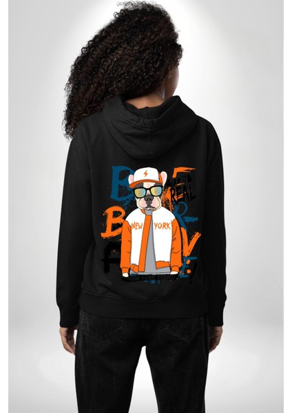 Turuncu Siyah Spor Ceketli Fransız Bulldog Köpek Siyah Kapüşonlu Sweatshirt Kadın Erkek Ön Minimal Sırt Baskılı modelleri