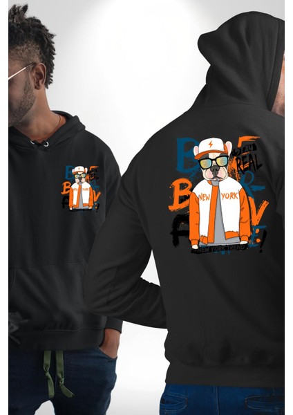 Turuncu Siyah Spor Ceketli Fransız Bulldog Köpek Siyah Kapüşonlu Sweatshirt Kadın Erkek Ön Minimal Sırt Baskılı fırsatları