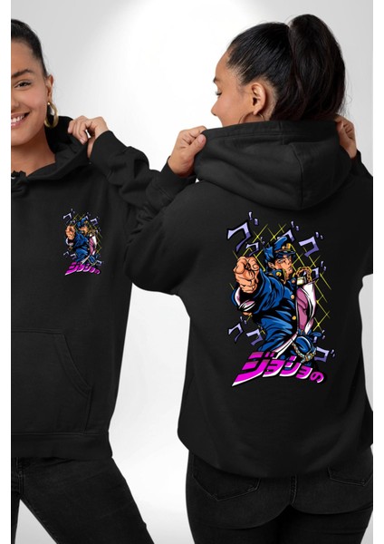 Jojo's Bizarre Adventure Jotaro Anime Karakteri Siyah Kapüşonlu Sweatshirt Kadın Erkek Ön Minimal Sırt Baskılı