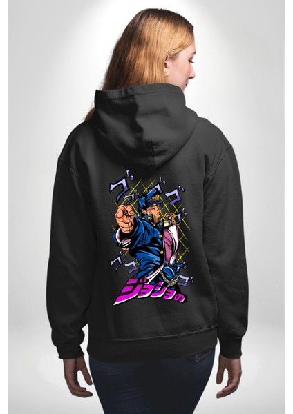 Jojo's Bizarre Adventure Jotaro Anime Karakteri Siyah Kapüşonlu Sweatshirt Kadın Erkek Ön Minimal Sırt Baskılı modelleri