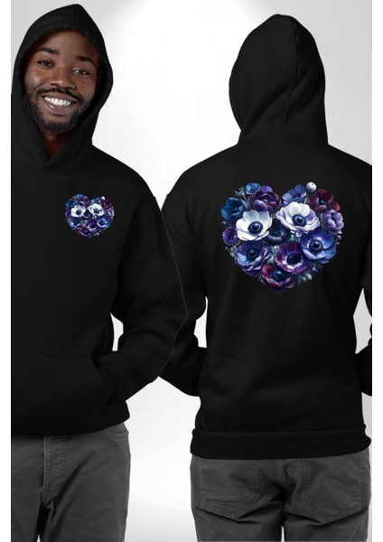 Anemon Çiçek Mavi ve Mor Kalp Çiçek Desenli Siyah Kapüşonlu Sweatshirt Kadın Erkek Ön Minimal Sırt Baskılı
