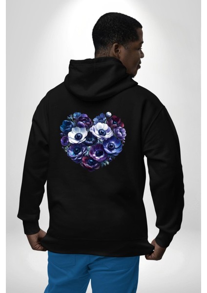 Anemon Çiçek Mavi ve Mor Kalp Çiçek Desenli Siyah Kapüşonlu Sweatshirt Kadın Erkek Ön Minimal Sırt Baskılı modelleri