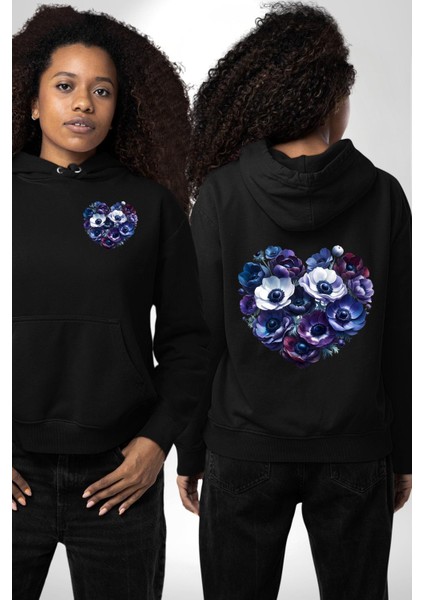 Anemon Çiçek Mavi ve Mor Kalp Çiçek Desenli Siyah Kapüşonlu Sweatshirt Kadın Erkek Ön Minimal Sırt Baskılı fırsatları
