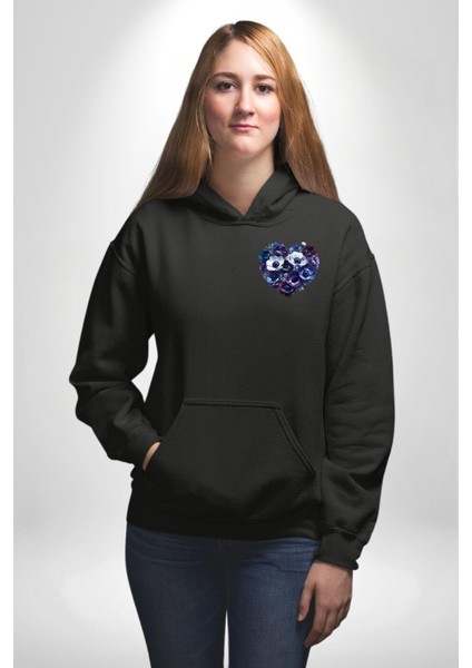 Anemon Çiçek Mavi ve Mor Kalp Çiçek Desenli Siyah Kapüşonlu Sweatshirt Kadın Erkek Ön Minimal Sırt Baskılı indirimleri