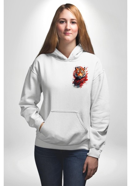 Modern Asya Esintili Kaplan Tasarımı Beyaz Kapüşonlu Sweatshirt Kadın Erkek Ön Minimal Sırt Baskılı fiyatları
