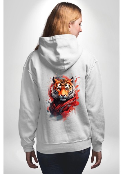 Modern Asya Esintili Kaplan Tasarımı Beyaz Kapüşonlu Sweatshirt Kadın Erkek Ön Minimal Sırt Baskılı modelleri