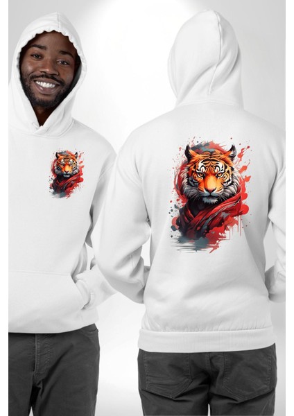 Modern Asya Esintili Kaplan Tasarımı Beyaz Kapüşonlu Sweatshirt Kadın Erkek Ön Minimal Sırt Baskılı fırsatları