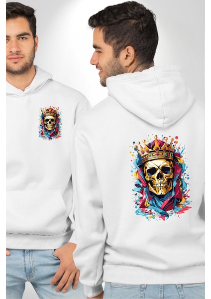Taçlı Kafatası Kraliyet ve Kaos Altın Kafatası Beyaz Kapüşonlu Sweatshirt Kadın Erkek Ön Minimal Sırt Baskılı