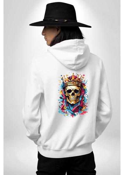 Taçlı Kafatası Kraliyet ve Kaos Altın Kafatası Beyaz Kapüşonlu Sweatshirt Kadın Erkek Ön Minimal Sırt Baskılı modelleri