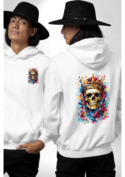 Taçlı Kafatası Kraliyet ve Kaos Altın Kafatası Beyaz Kapüşonlu Sweatshirt Kadın Erkek Ön Minimal Sırt Baskılı fırsatları