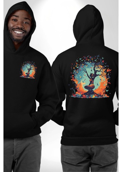 Doğanın Ruhu ve Sonsuz Dönüşüm Kelebekler Siyah Kapüşonlu Sweatshirt Kadın Erkek Ön Minimal Sırt Baskılı fırsatları