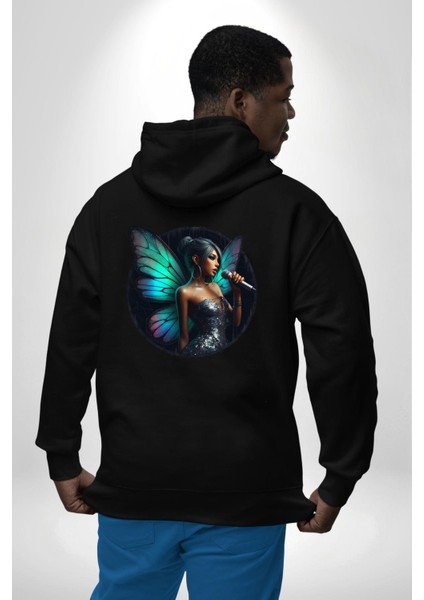 Parlak Elbiseli Kelebek Kanatlı Kadın Siyah Kapüşonlu Sweatshirt Kadın Erkek Ön Minimal Sırt Baskılı modelleri
