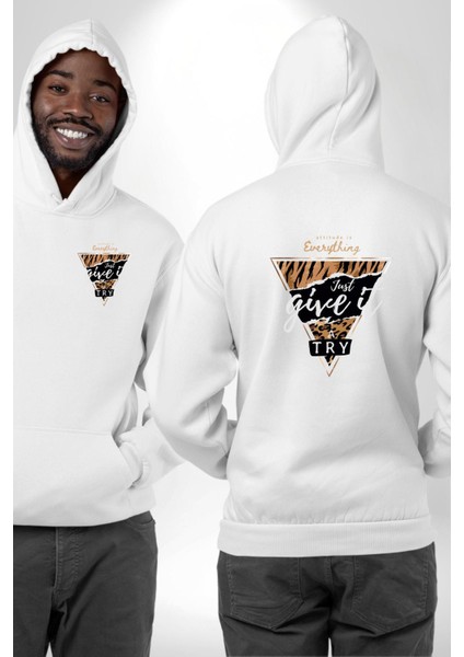 Zirveye Doğru Beyaz Kapüşonlu Sweatshirt Kadın Erkek Ön Minimal Sırt Baskılı