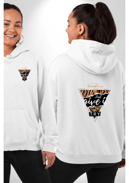 Zirveye Doğru Beyaz Kapüşonlu Sweatshirt Kadın Erkek Ön Minimal Sırt Baskılı fırsatları