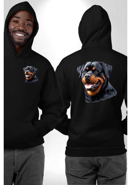 Cesur Rottweiler Sadık Güçlü Köpek Aşkı Siyah Kapüşonlu Sweatshirt Kadın Erkek Ön Minimal Sırt Baskılı