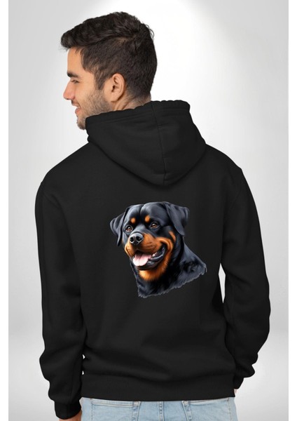 Cesur Rottweiler Sadık Güçlü Köpek Aşkı Siyah Kapüşonlu Sweatshirt Kadın Erkek Ön Minimal Sırt Baskılı modelleri