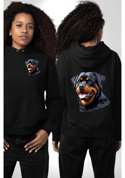 Cesur Rottweiler Sadık Güçlü Köpek Aşkı Siyah Kapüşonlu Sweatshirt Kadın Erkek Ön Minimal Sırt Baskılı fırsatları
