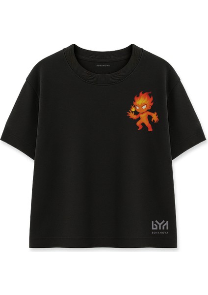Ateş Karakter Baskılı Cep Detaylı Siyah Oversize Tişört