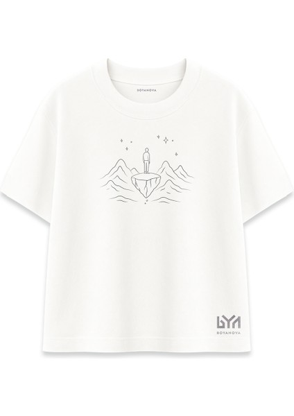 Astral Seyahat Çizimli Beyaz Oversize Tişört
