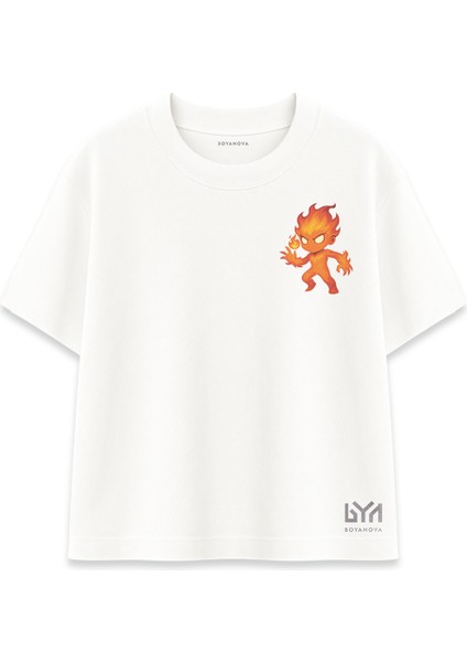 Ateş Karakter Baskılı Cep Detaylı Beyaz Oversize Tişört