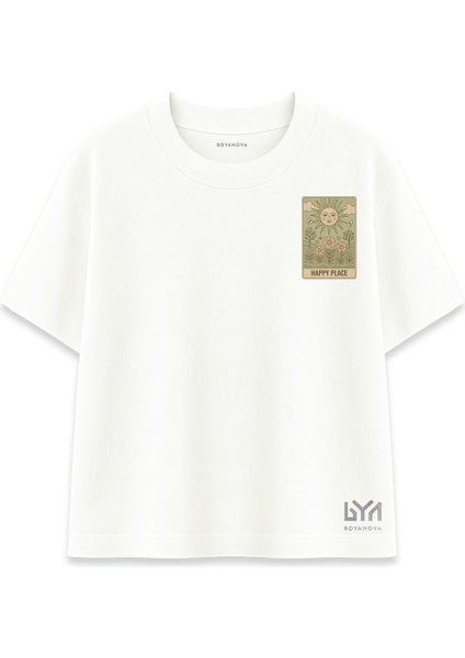 Happy Place Doğa Temalı Cep Baskılı Ekru Oversize Tişört