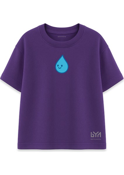 Gülümseyen Su Damlası Baskılı Mor Oversize Tişört
