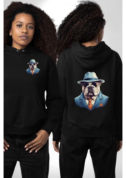 Şehir Beyefendisi Gangster Bulldog Siyah Kapüşonlu Sweatshirt Kadın Erkek Ön Minimal Sırt Baskılı