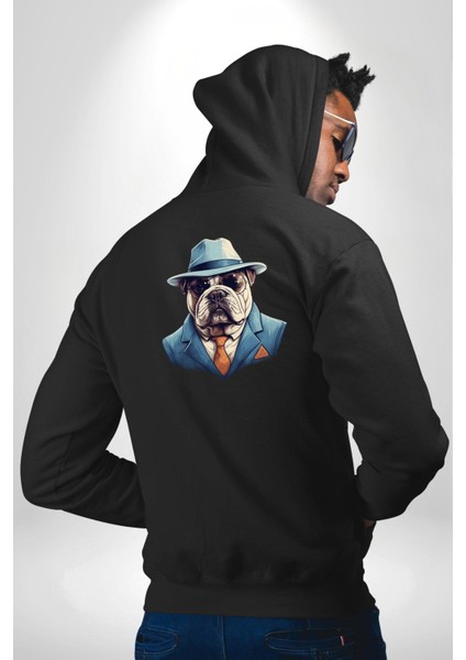 Şehir Beyefendisi Gangster Bulldog Siyah Kapüşonlu Sweatshirt Kadın Erkek Ön Minimal Sırt Baskılı modelleri