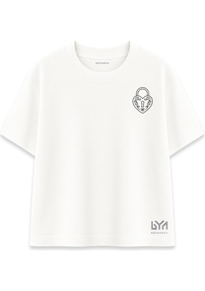 Kilitli Kalp Minimal Baskılı Beyaz Oversize Tişört