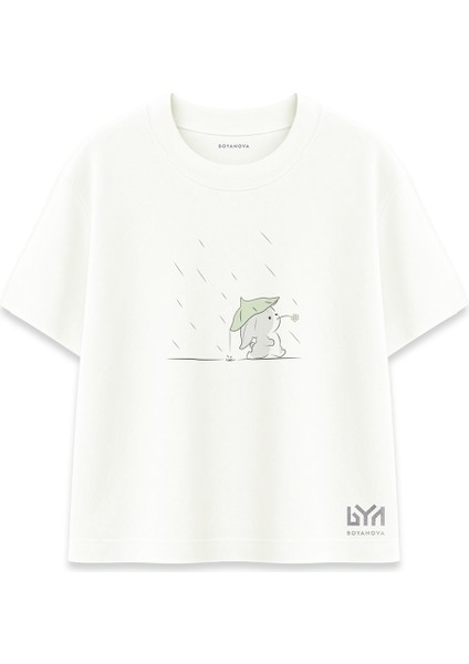 Nilüfer Şapkalı Tavşan Baskılı Ekru Oversize Tişört