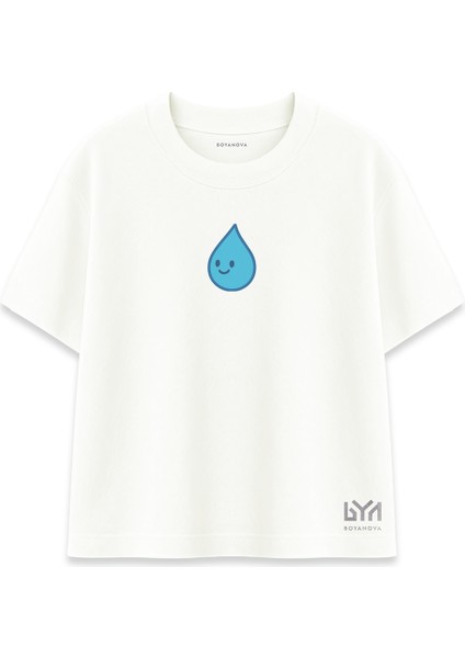 Gülümseyen Su Damlası Baskılı Ekru Oversize Tişört