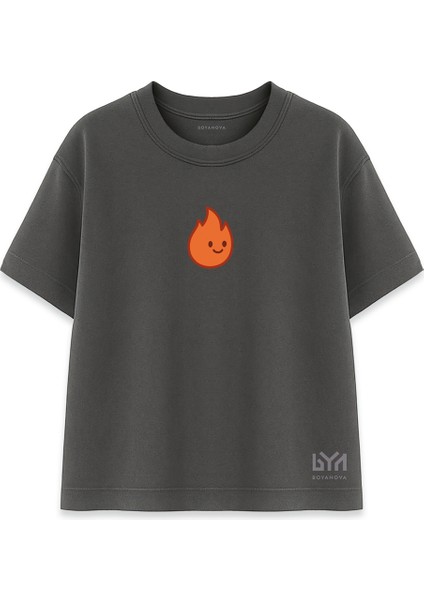 Gülümseyen Alev Damlası Karakterli Füme Oversize Tişört